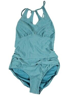 Merona Womens Sz M One Piece Swimsuit Solid Blue Braided Strappy